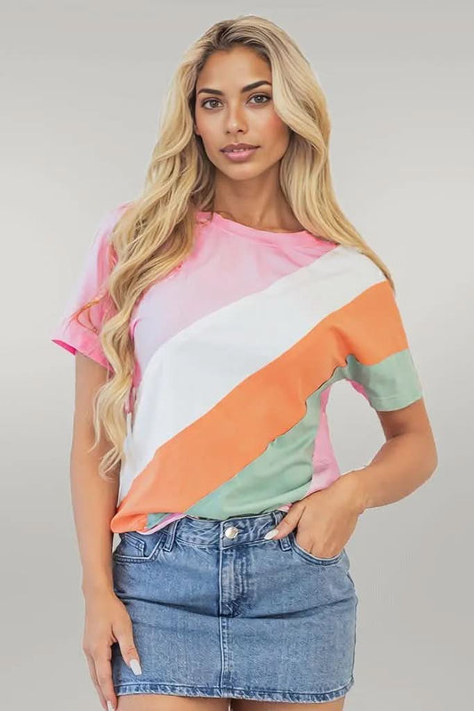 Pink Color Block Patchwork Seamed Crewneck T Shirt Pink 95%Cotton+5%Elastane