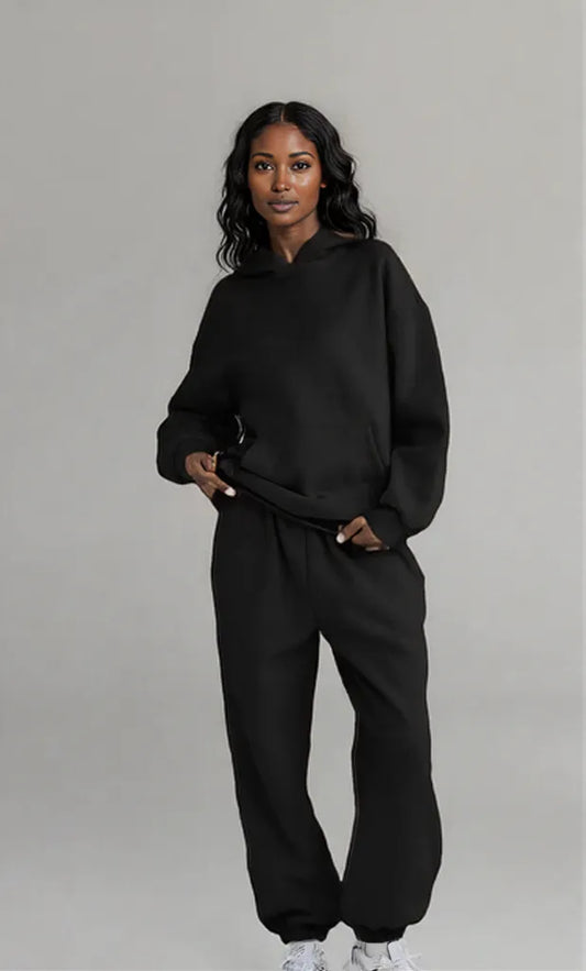 Full Size Kangaroo Pocket Hoodie and Joggers Set Black