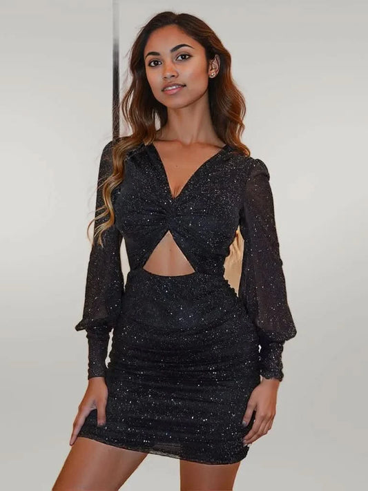 Glitter Cutout Twisted V-Neck Lantern Sleeve Mini Dress Black