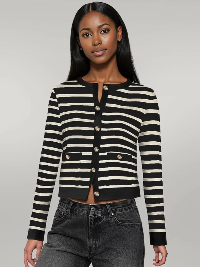 Striped Round Neck Button Up Long Sleeve Cardigan Black