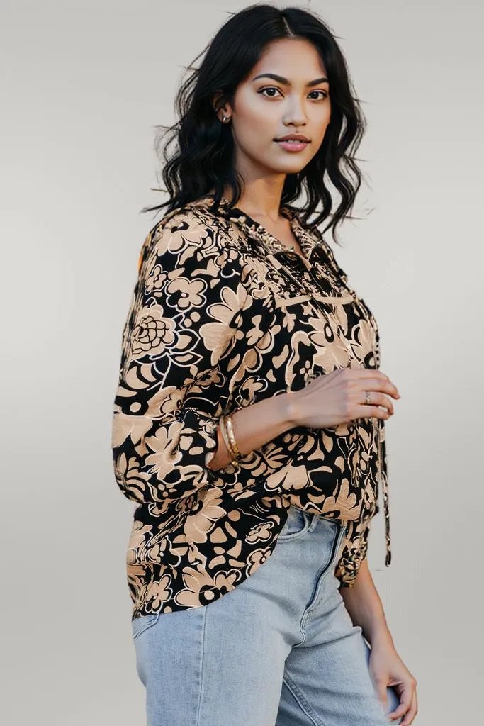 Black Floral Shirred Yoke Bracelet Sleeve Split Neck Boho Blouse