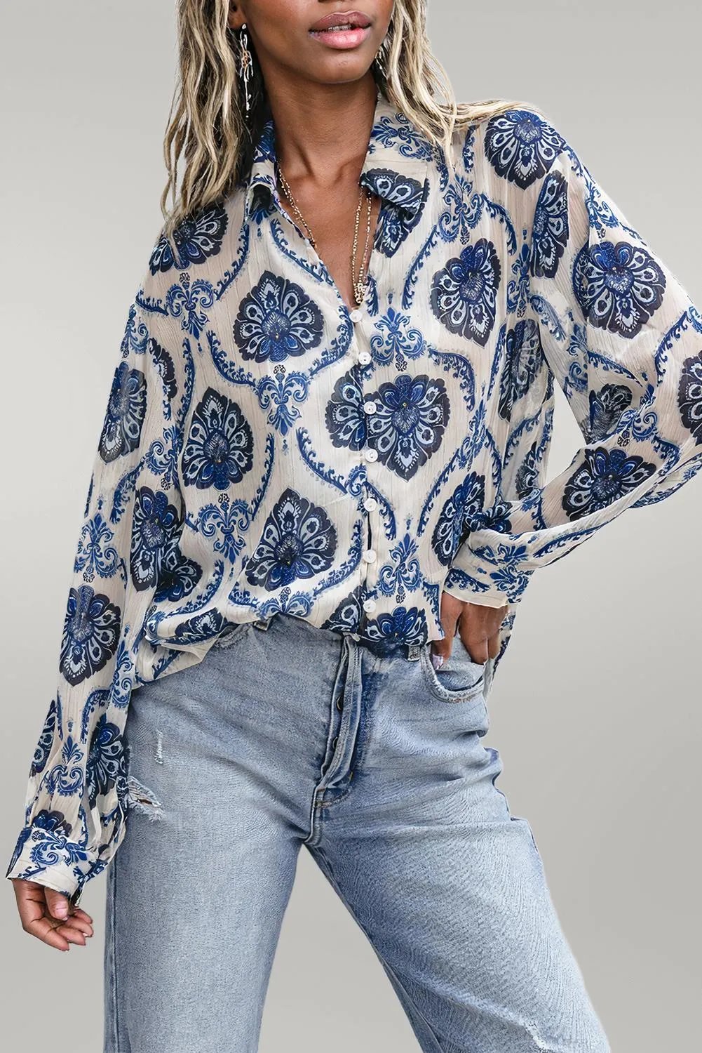 Blue Tribal Pattern Buttoned Front Loose Shirt
