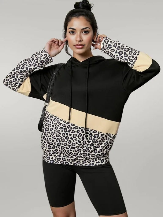 Leopard Color Block Hoodie Black