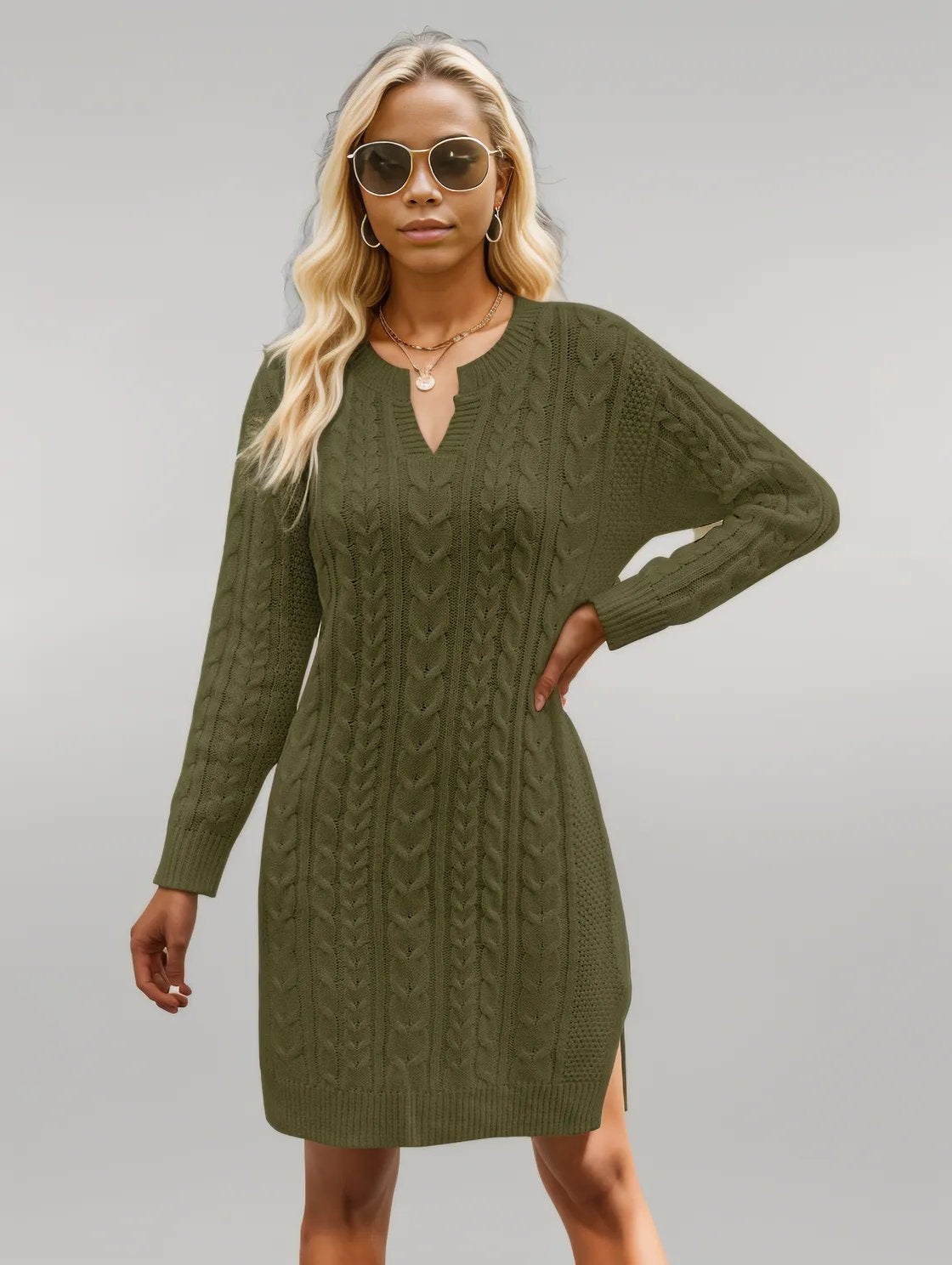 Notched Neck Cable-Knit Slit Sweater Dress Matcha Green