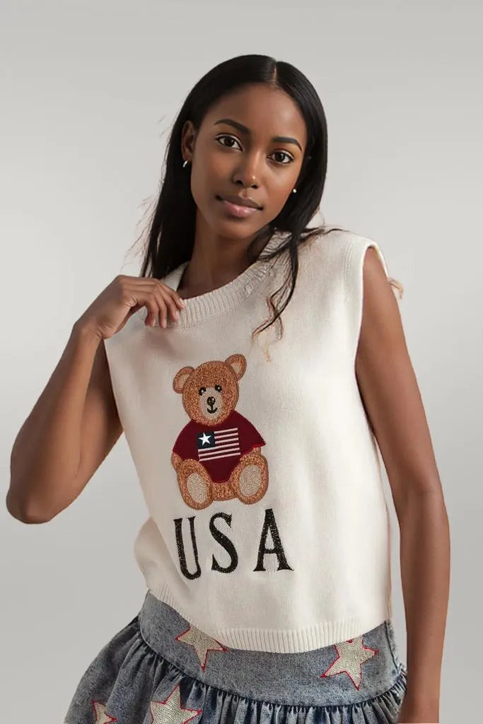 SO ME Teddy Bear Wearing An American Flag With Usa Embroidered Sweater Vest