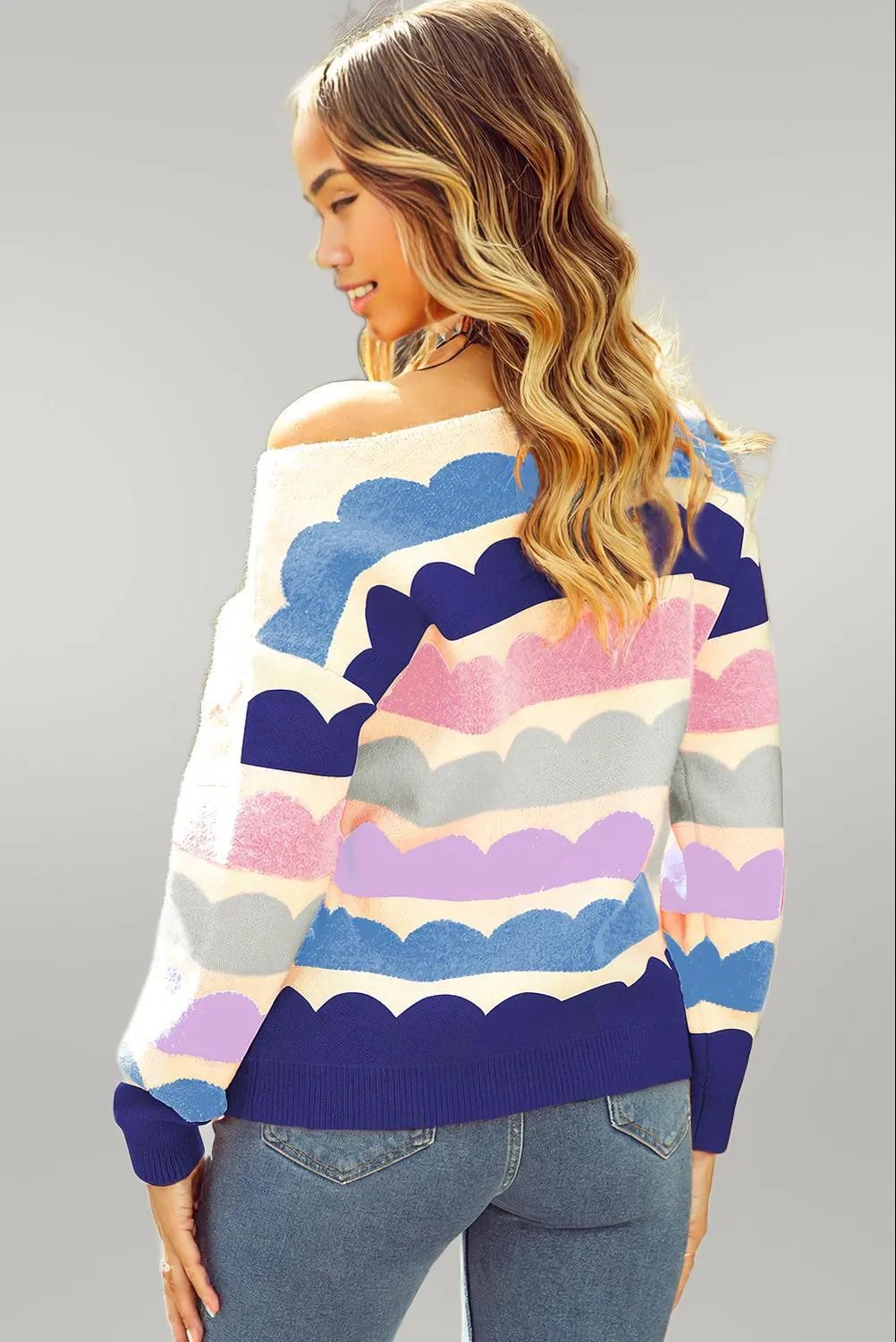 Rose Red Wave Striped Balloon Sleeve Drop Shoulder Sweater