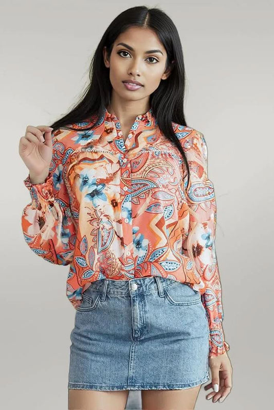 Orange Floral Print Shirred Cuff Buttoned Loose Shirt Orange 81%Viscose+19%Polyamide