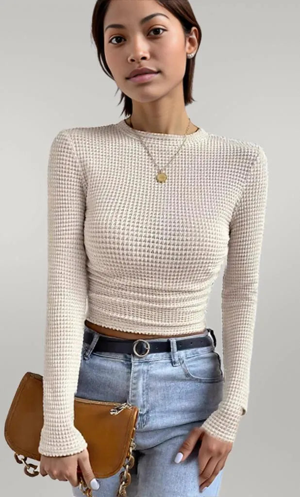 Waffle Knit Long Sleeve T-Shirt Beige