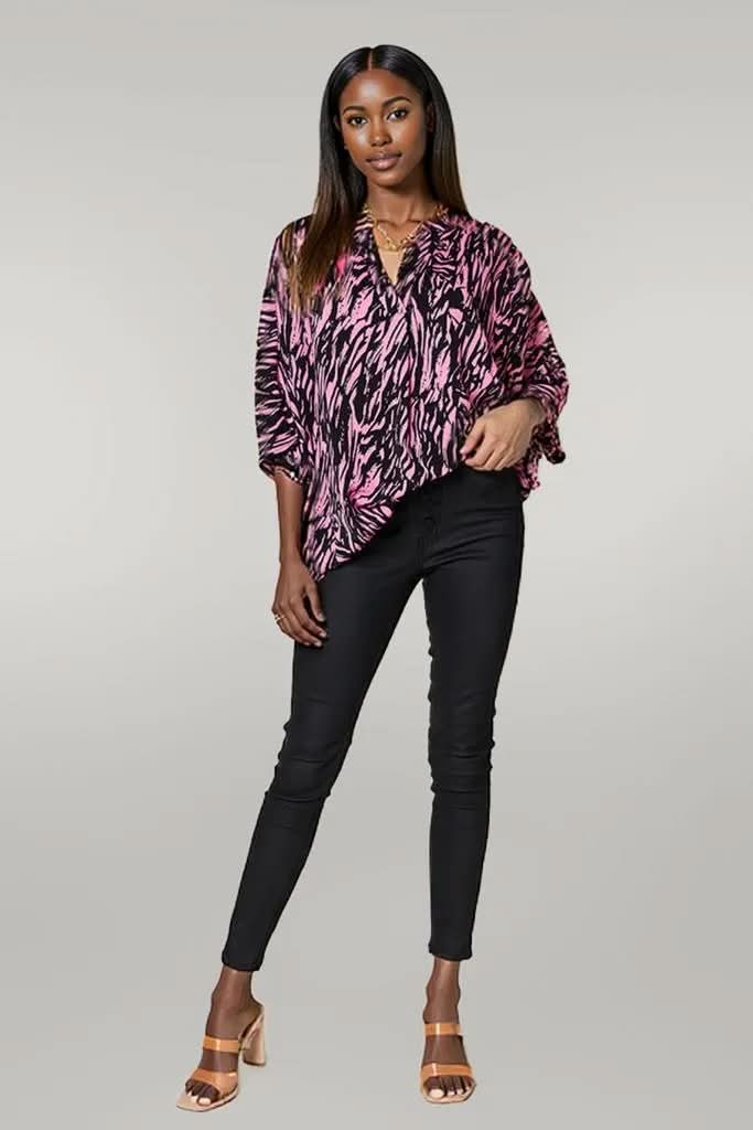 Double Take Full Size Printed Notched Three-Quarter Sleeve Blouse