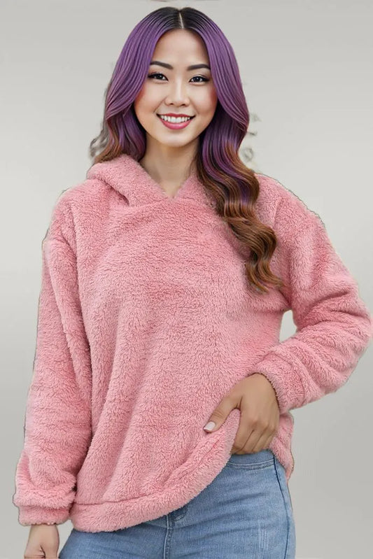 Fuzzy Long Sleeve Hoodie with Ears Blush Pink