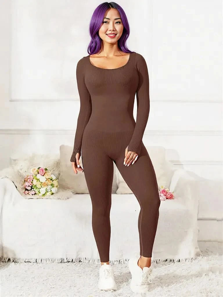 Scoop Neck Long Sleeve Active Jumpsuit Brown