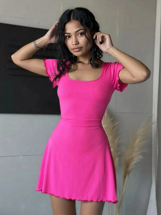 Ribbed Back Lace Up Short Sleeve Mini Dress Hot Pink
