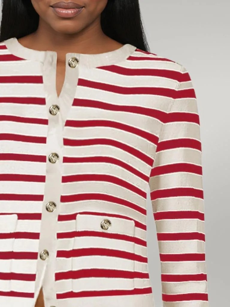 Striped Round Neck Button Up Long Sleeve Cardigan