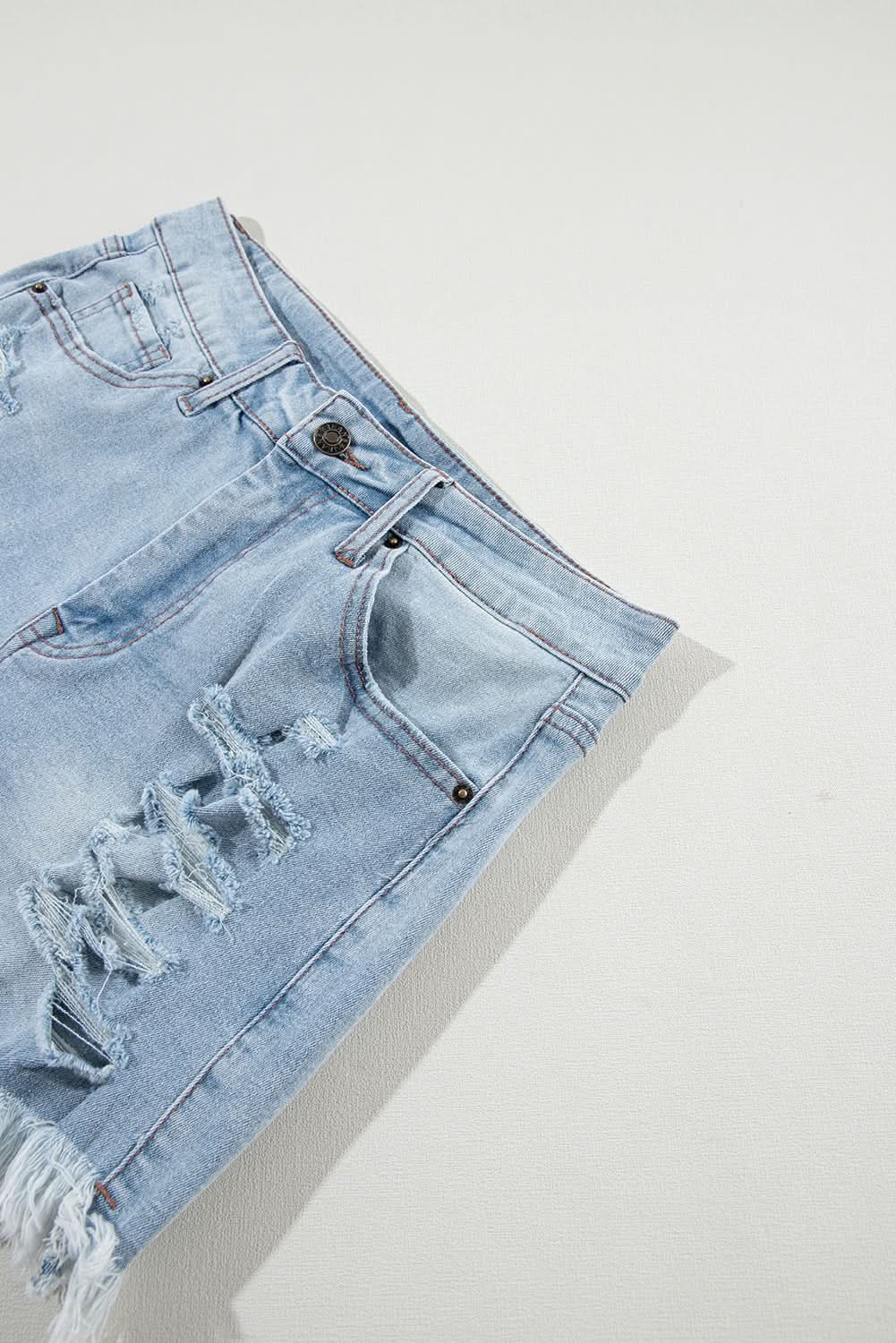 Light Blue Distressed Ripped Raw Hem High Waist Denim Shorts Light Blue 55%Cotton+42%Viscose+3%Elastane