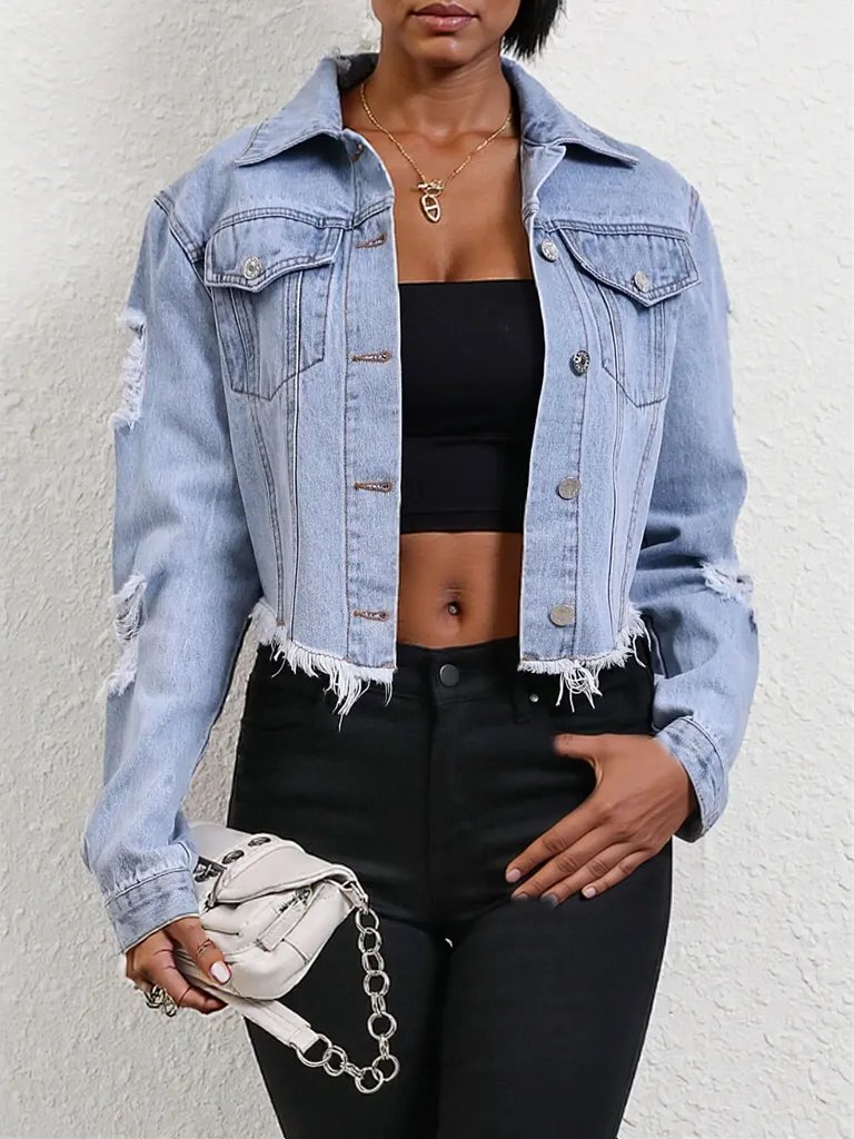 Distressed Raw Hem Button Up Denim Jacket