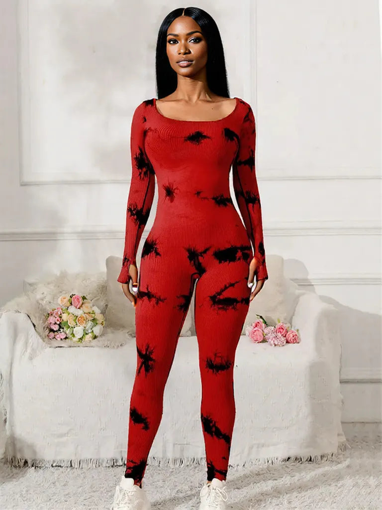 Scoop Neck Long Sleeve Active Jumpsuit Deep Red