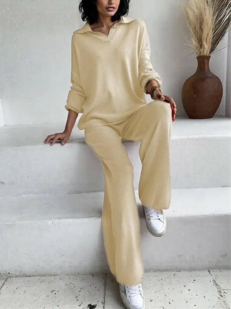 Johnny Collar Long Sleeve Top and Pants Sweater Set Tan One Size