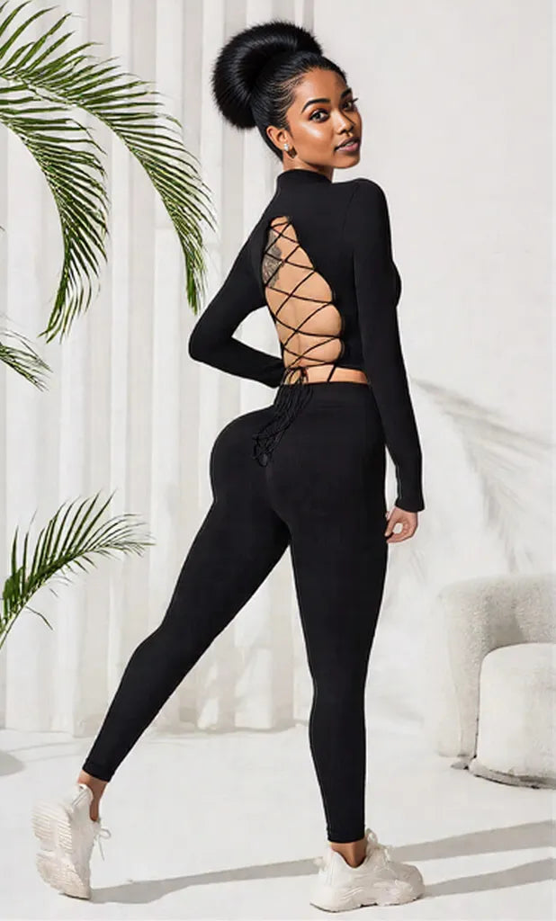 Lace-Up Back Round Neck Top and Leggings Active Set