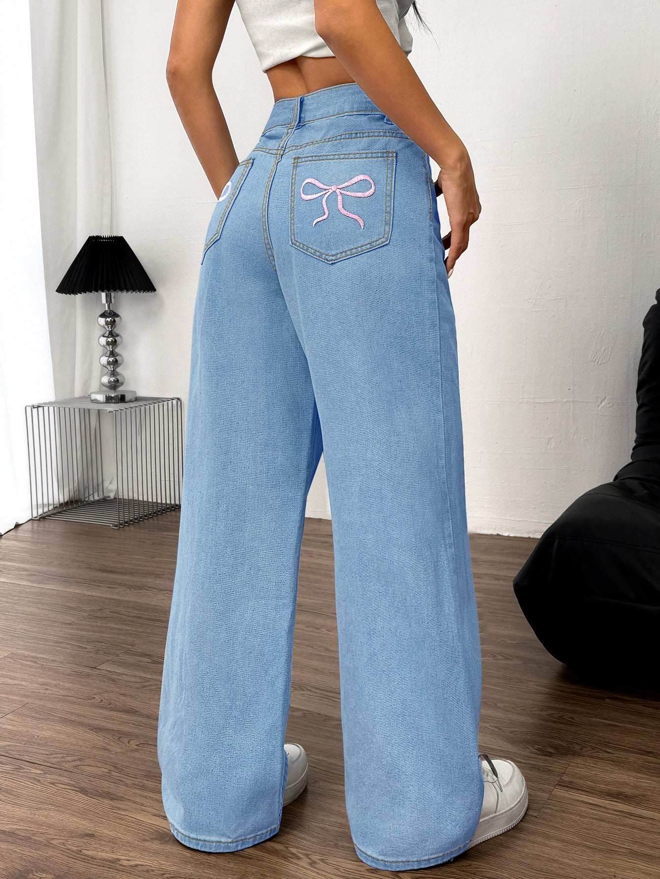 Embroidered Bow Back Wide Leg Jeans