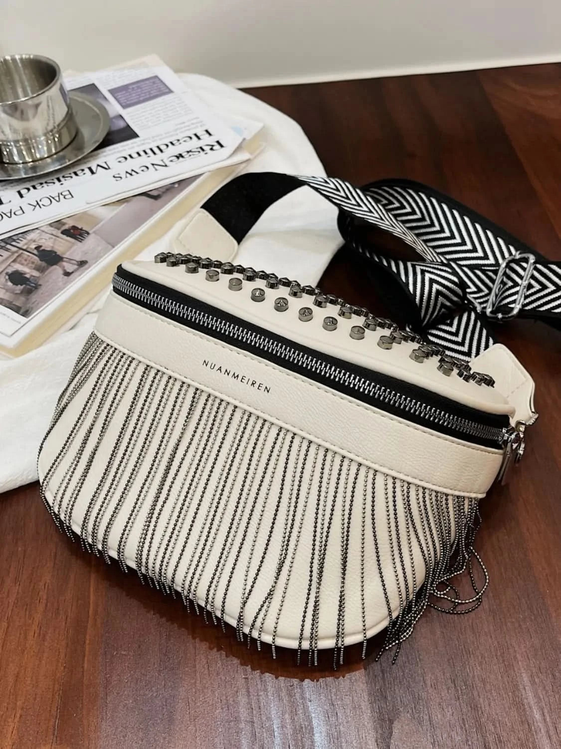Fringe Studded PU Leather Crossbody Bag Ivory One Size