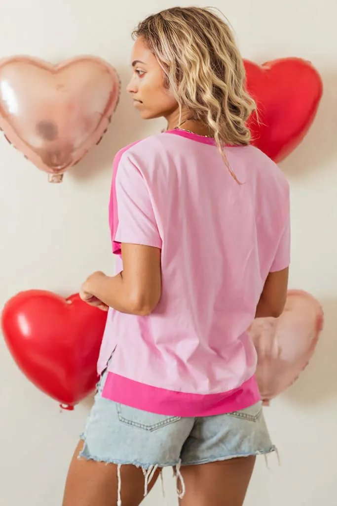 Pink Two Tone Half Buttons Collared T Shirt