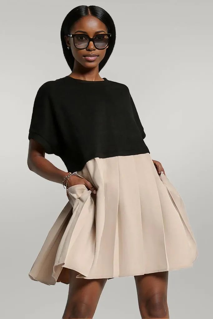 Umgee Full Size Round Neck Pleated Dress with Side Pockets Plus Size Black