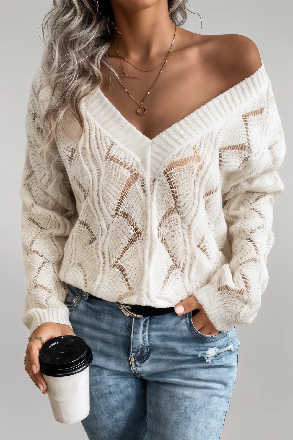 Mint Green Hollow Out Knit V Neck Drop Shoulder Sweater Beige 48%Acrylic+42%Polyamide+10%Wool