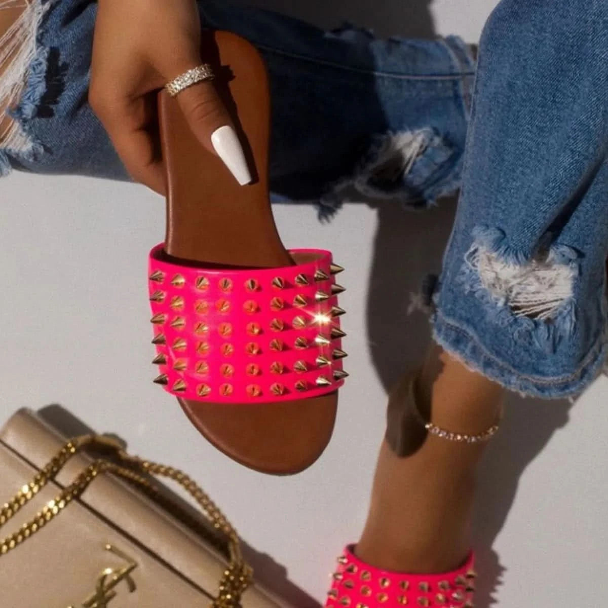 Spikey Open Toe Flats Sandals Hot Pink