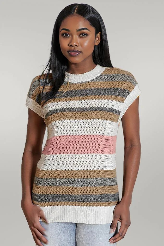 Pink Stripe Color Block Eyelet Knit Short Sleeve Sweater Tee