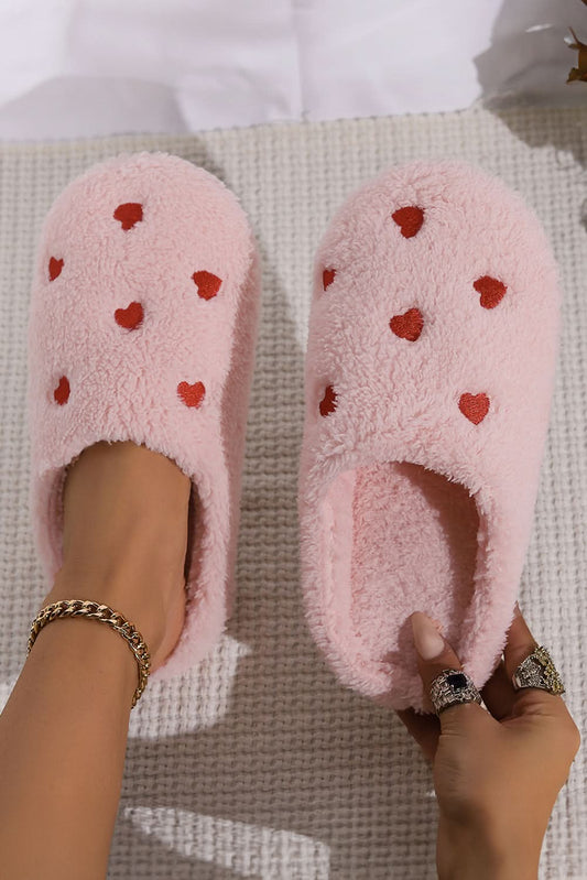 Pink Heart Shape Embroidered Slip On Plush Slippers Pink