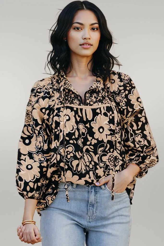 Black Floral Shirred Yoke Bracelet Sleeve Split Neck Boho Blouse Black 81%Viscose+19%Polyamide
