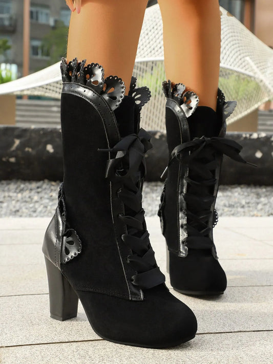 Lace Up Block Heels Boots