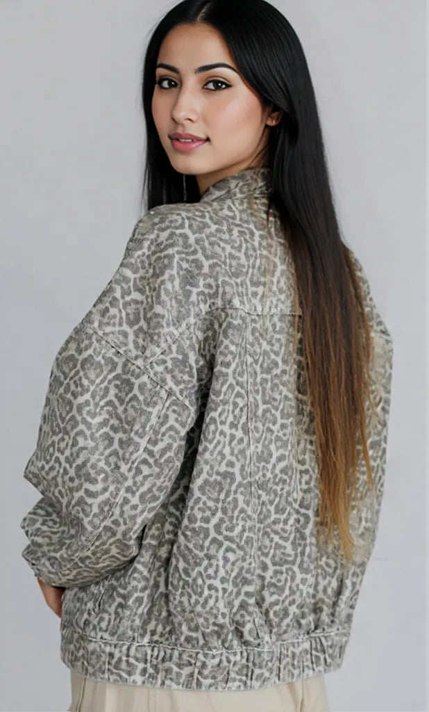 Leopard Button Up Denim Jacket Gray