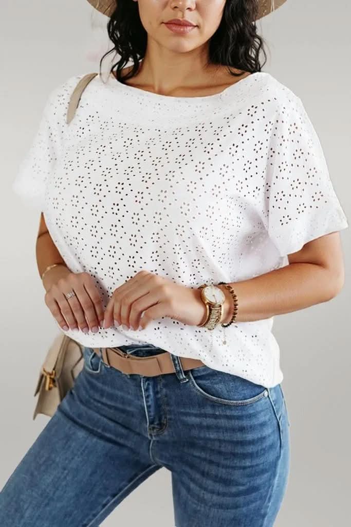 White Eyelet Pattern Boat Neck Casual Tee White 97%Polyester+3%Elastane