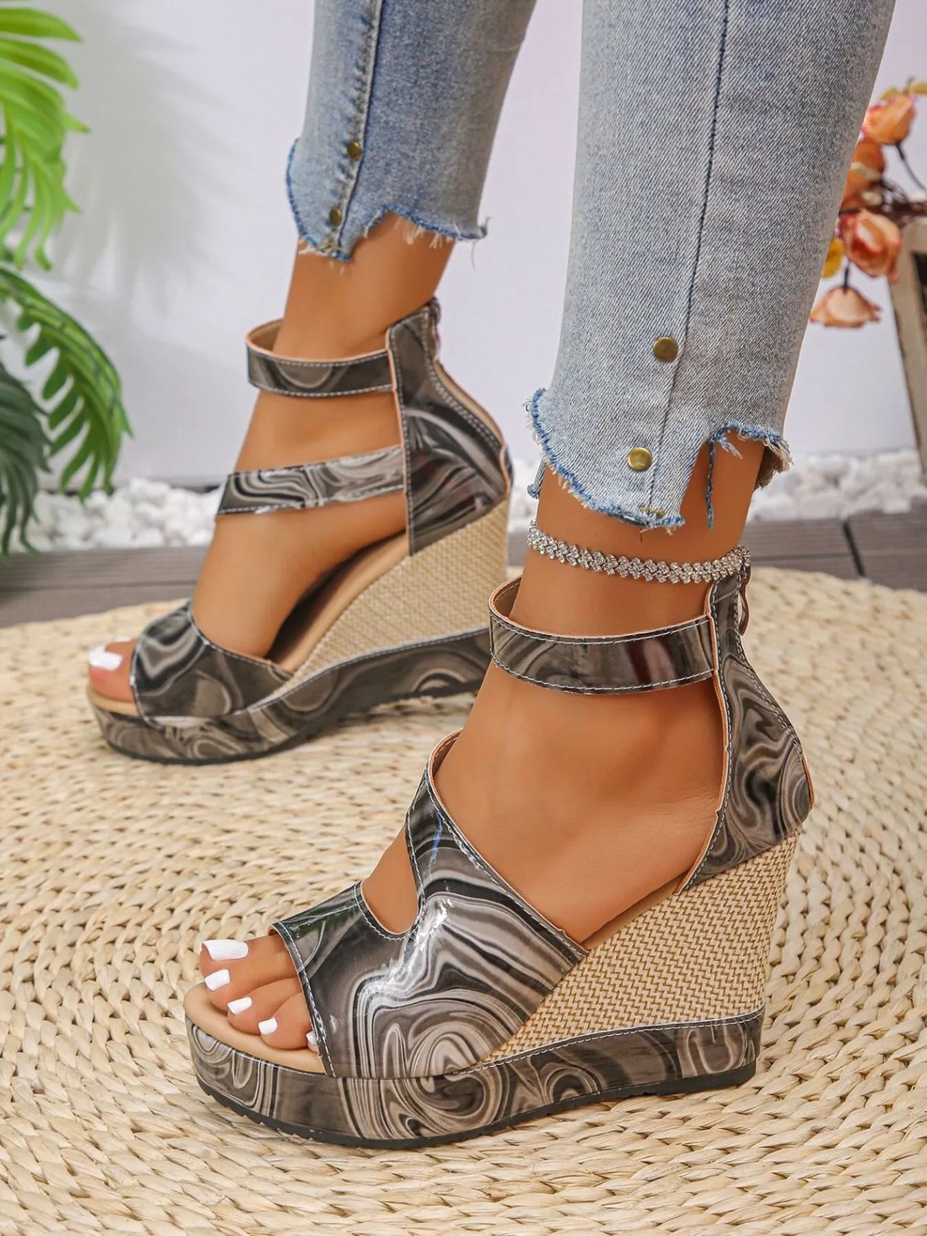 Platform Wedge Sandals with Ankle Strap Black