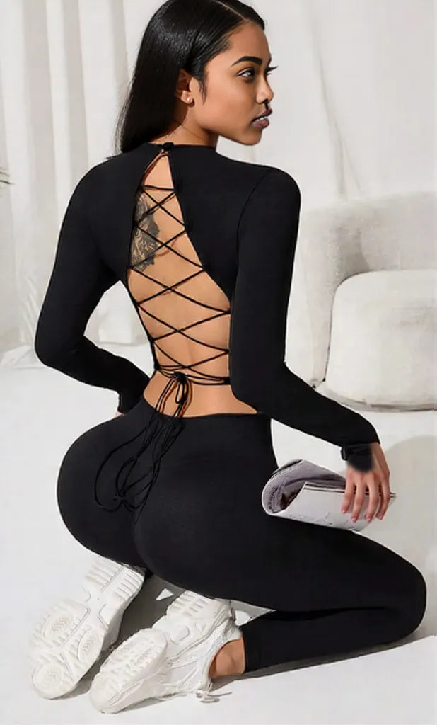 Lace-Up Back Round Neck Top and Leggings Active Set