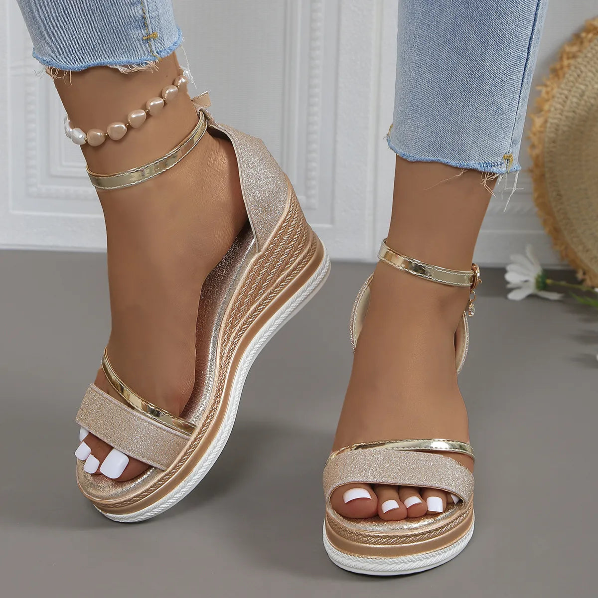 Glitter Platform Wedge Sandals with Ankle Strap Gold