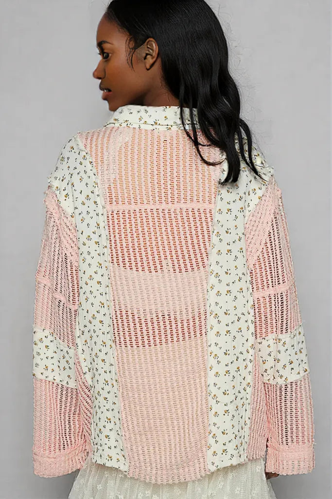 POL Floral Crochet Patchwork Long Sleeve Shirt