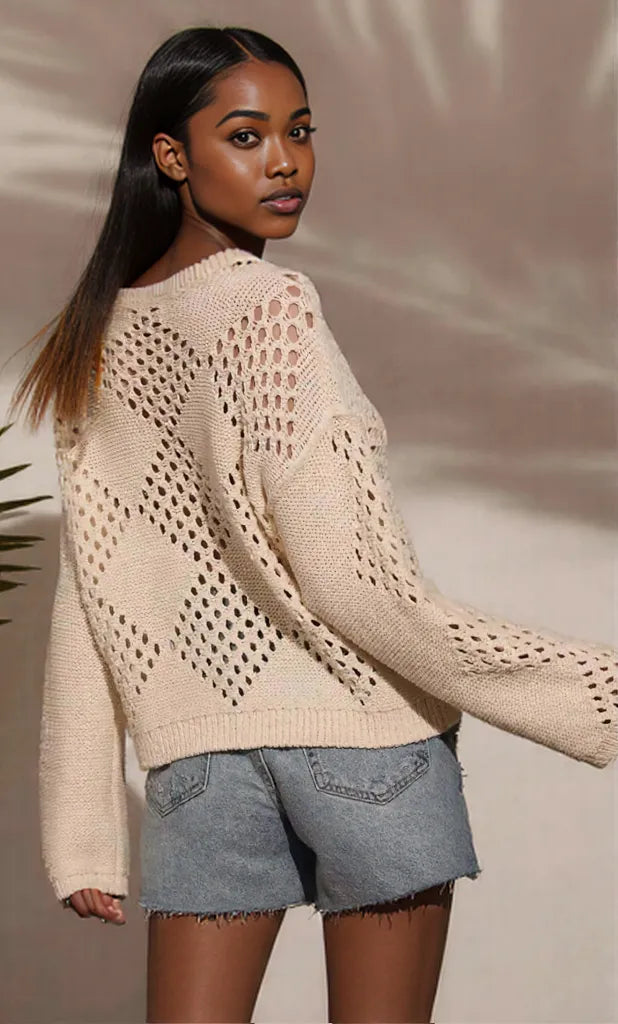 Openwork Boat Neck Long Sleeve Sweater