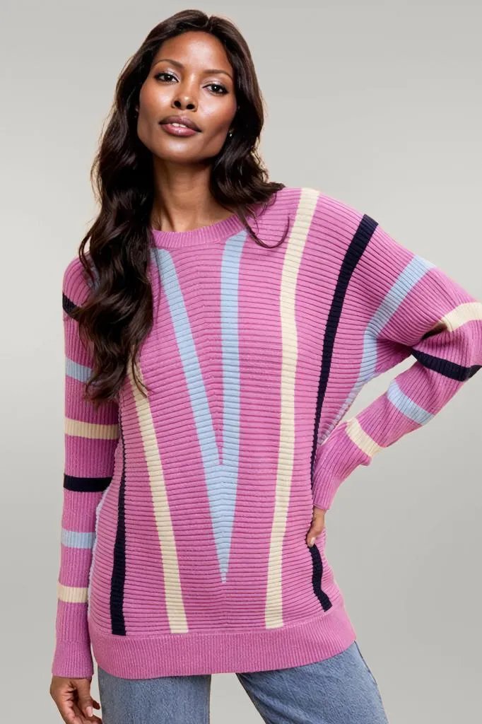 Annie Wear Chevron Stripe Round Neck Ribbed Sweater