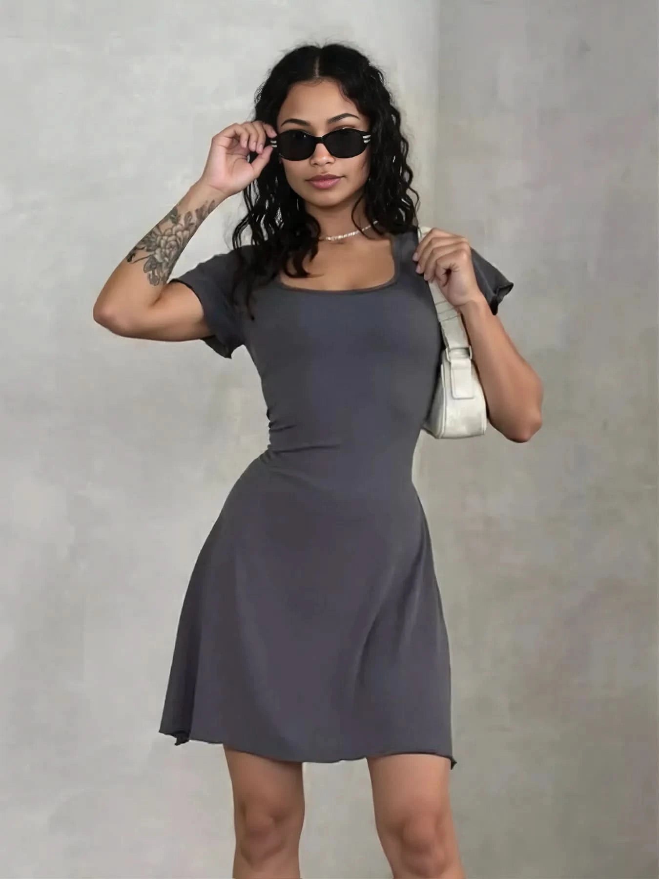 Ribbed Back Lace Up Short Sleeve Mini Dress