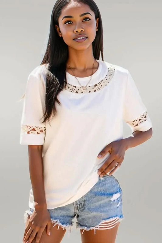 Lace Crochet Crew Neck Casual T Shirt White