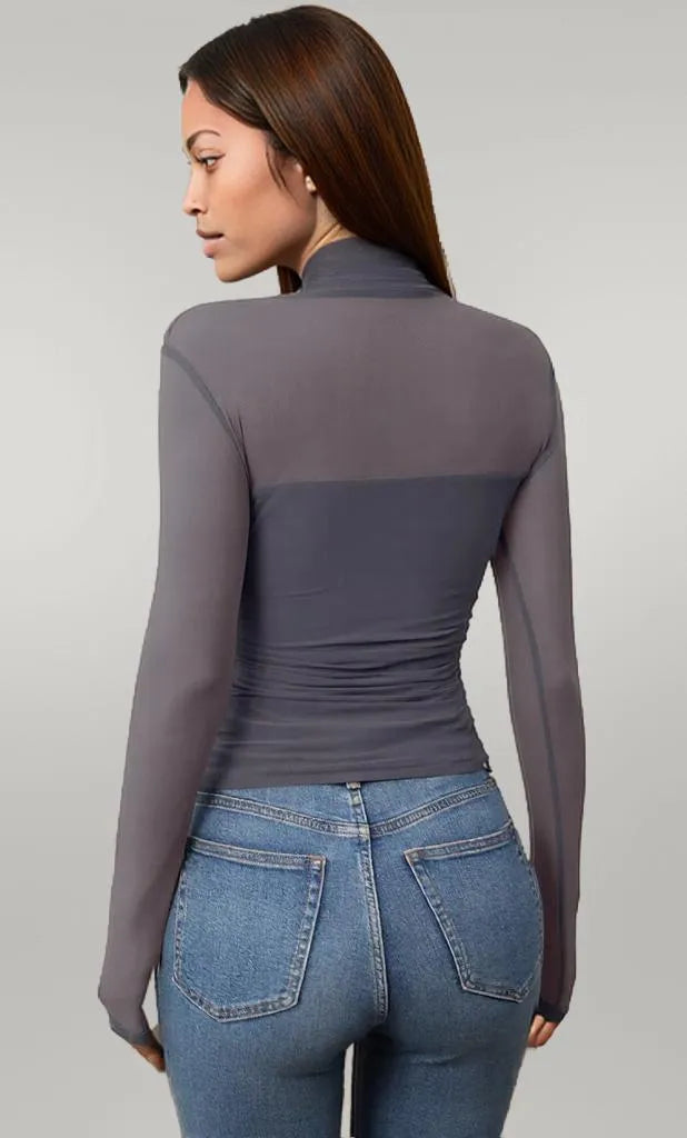 Mock Neck Long Sleeve Top Gray Blue