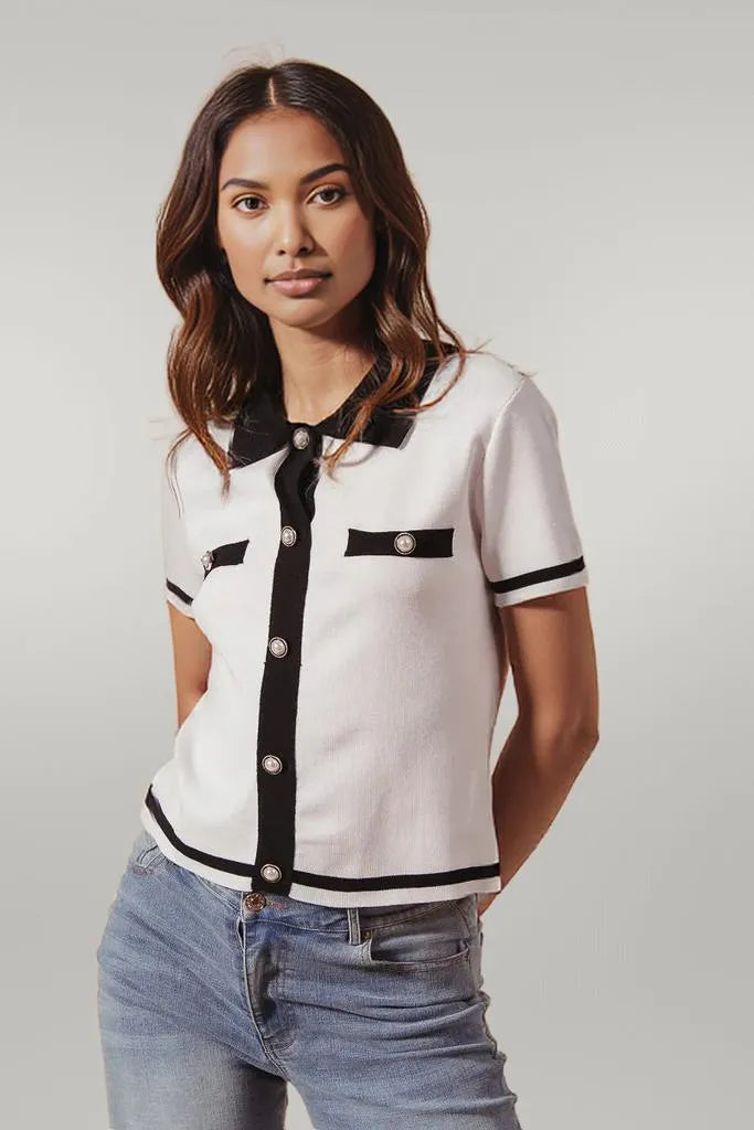 SO ME Button Down Knitted Sweater Shirt Top IVORY BLACK