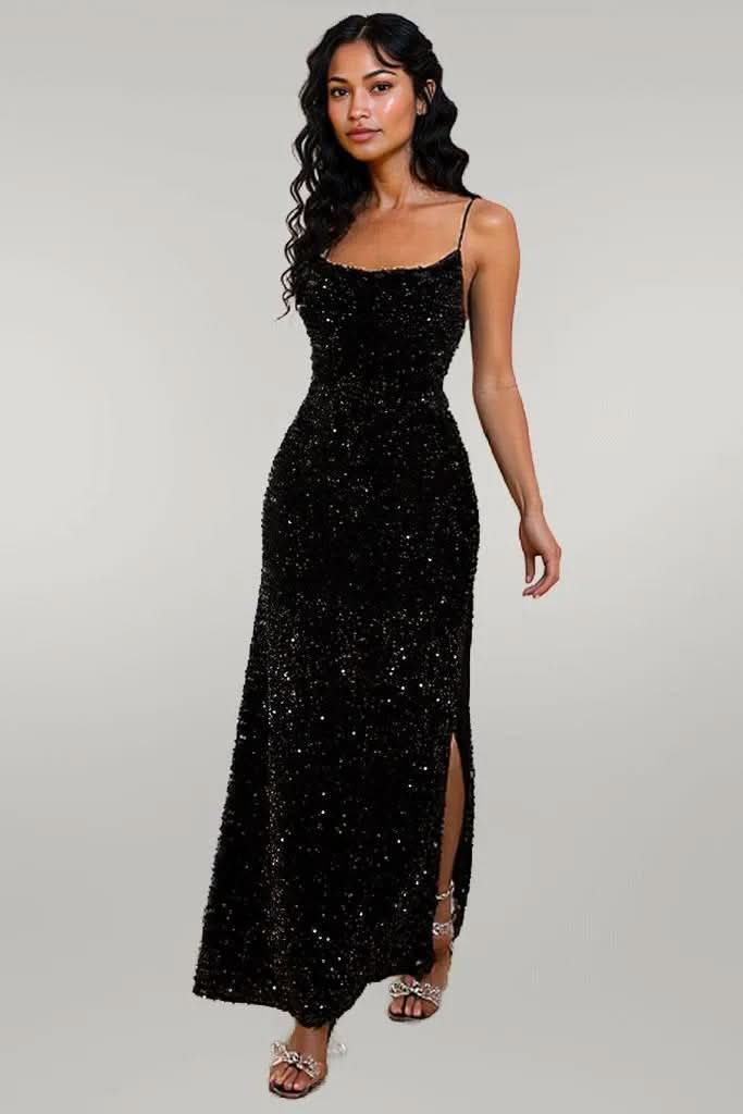 Sequin Backless Split Maxi Dress