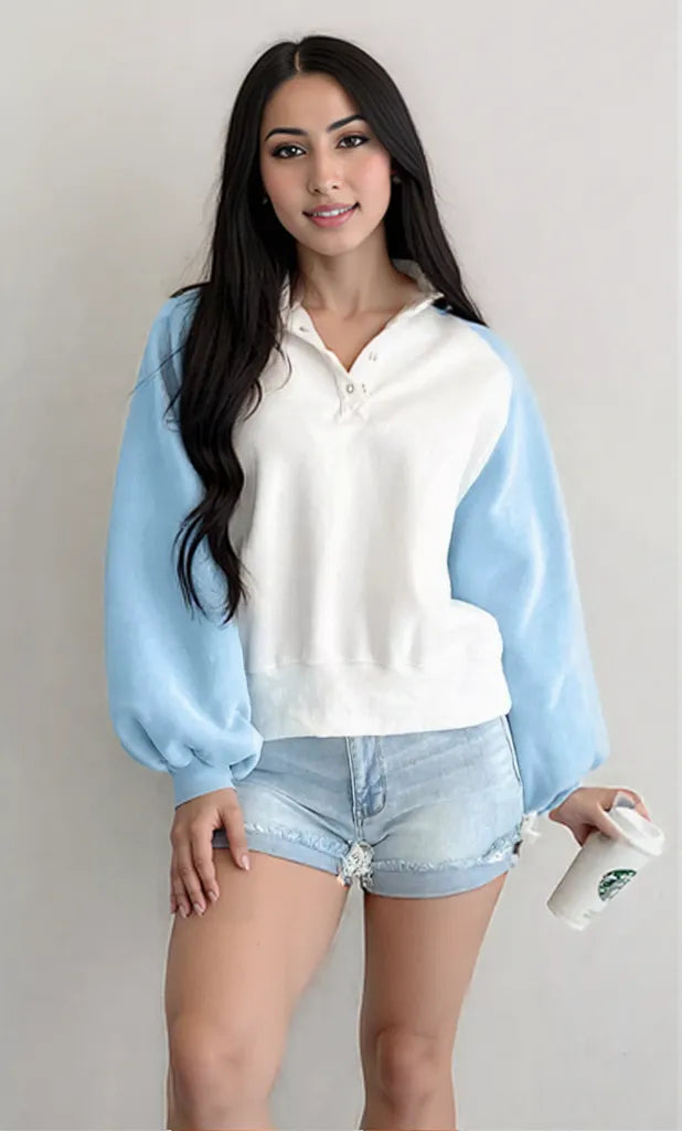 Color Block Snap Buttons Sweatshirt Pastel Blue