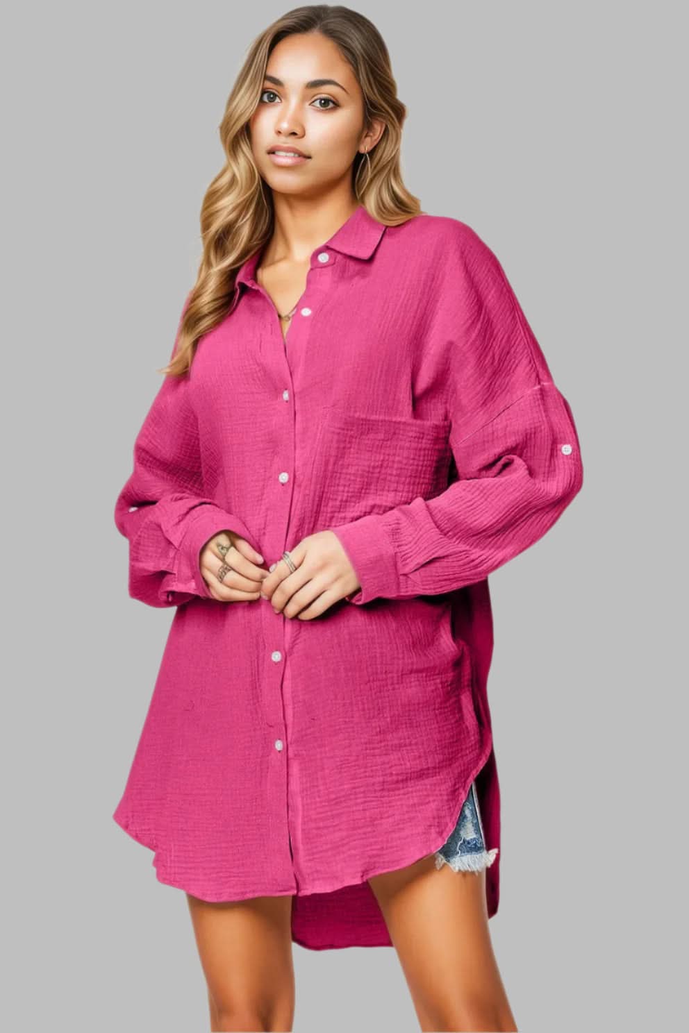 Double Take Full Size Pocketed Texture Button Up Shirt