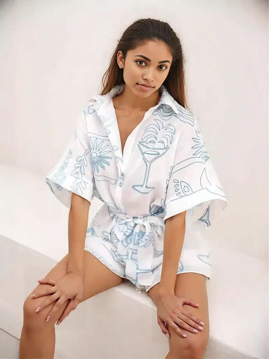 Printed Collared Neck Half Sleeve Romper White