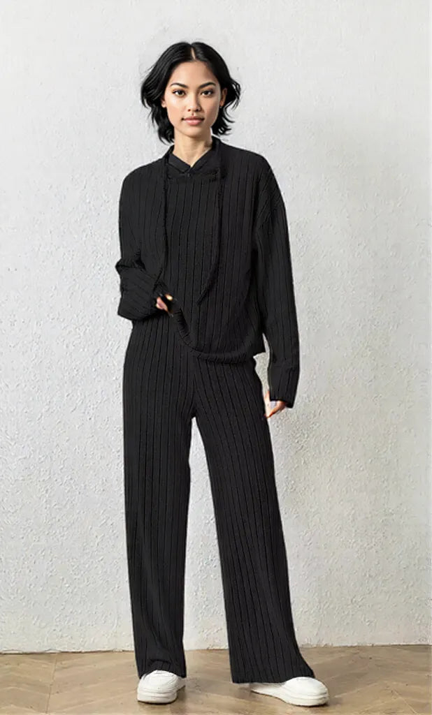 Ribbed Drawstring Hoodie and Pants Set