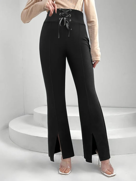Lace Up Slit Bootcut Pants Black